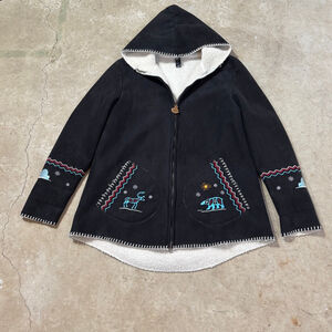 Indigenous Black Hooded Jacket Women’s Large Arctic Moose Embroidery Sherpa
